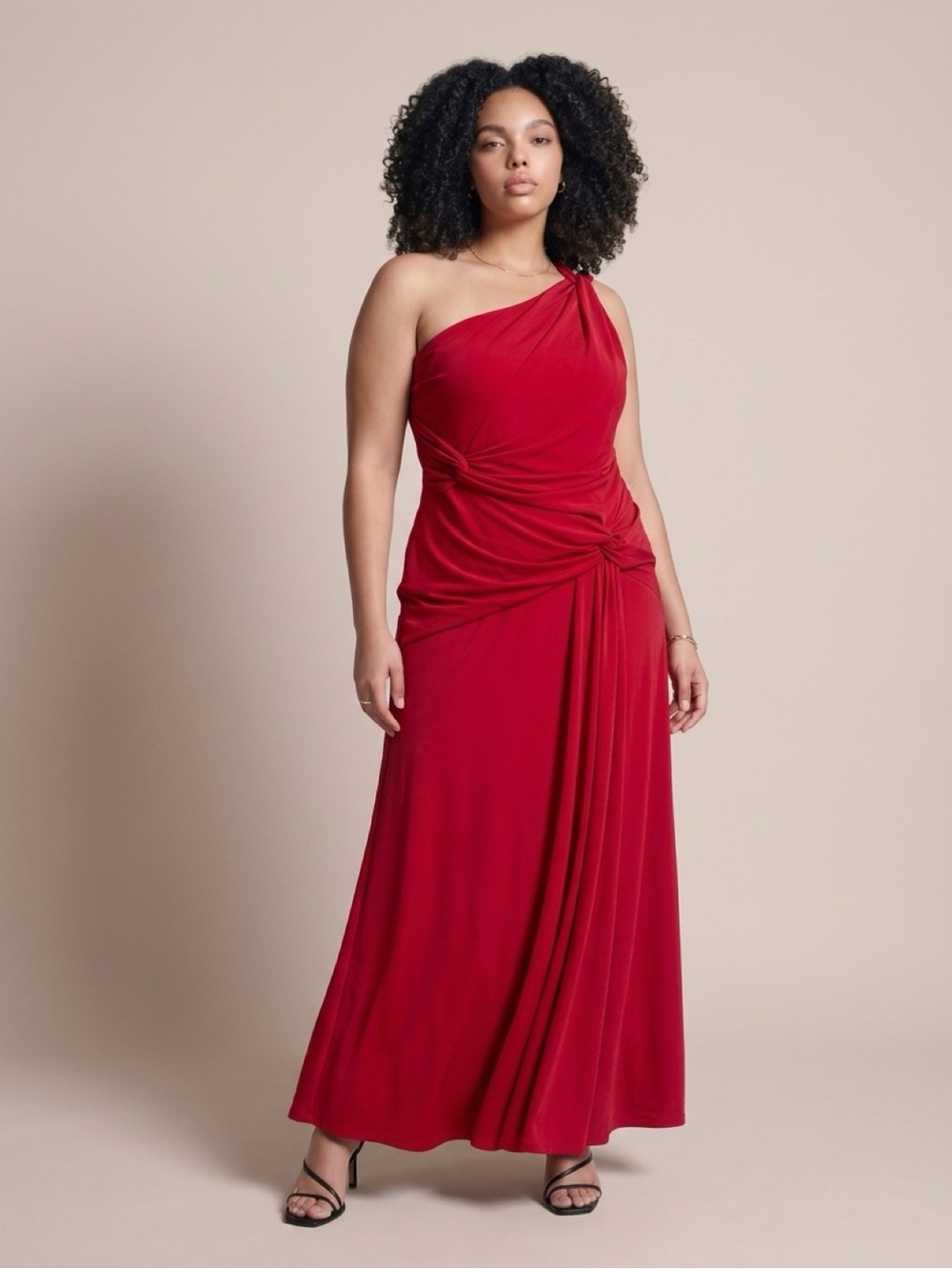 Jessica McClintock One-Shoulder Red Velvet Evening Dress
